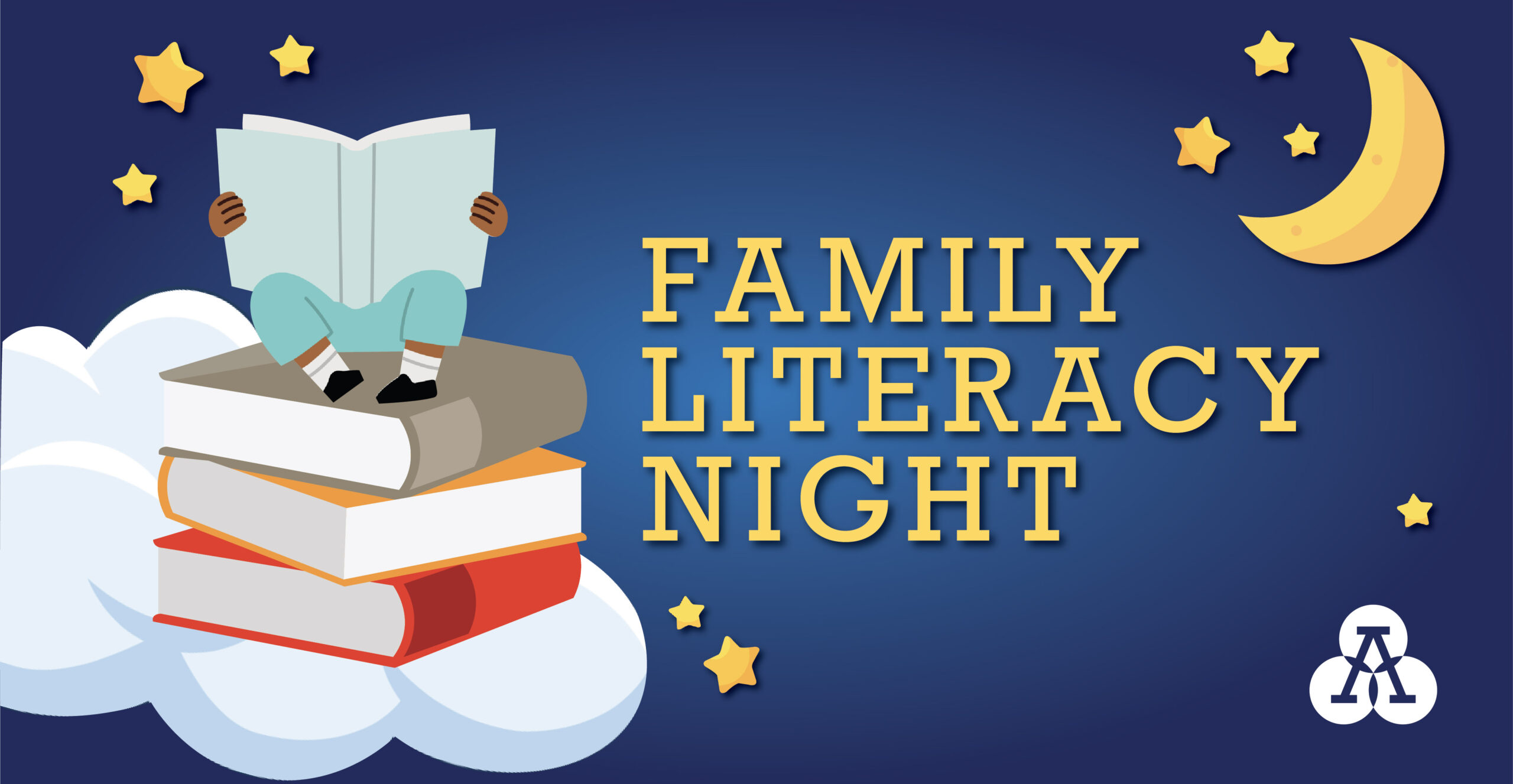 image of child reading books that says family literacy night