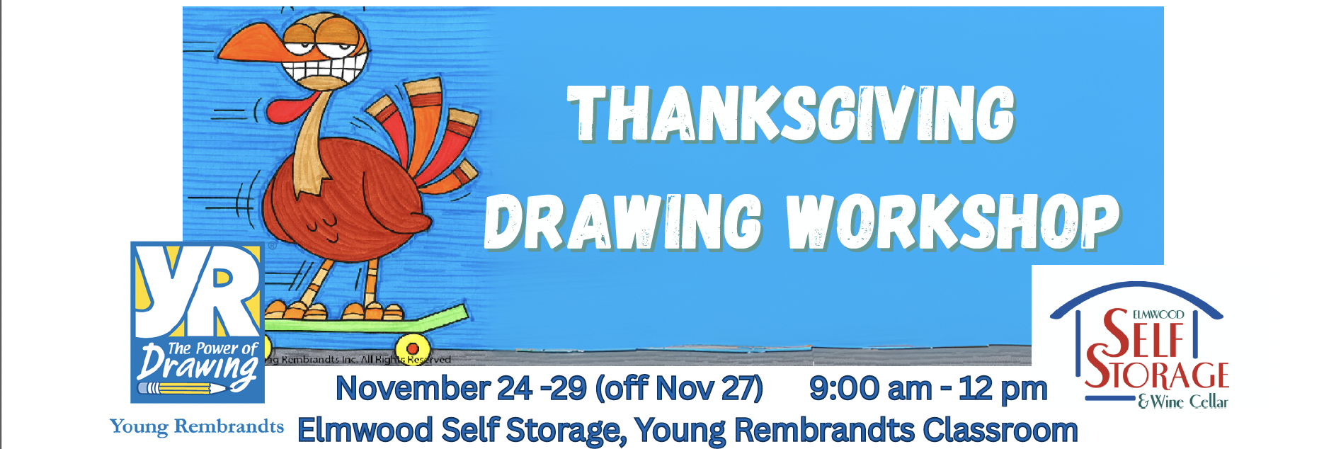 We'd be thankful to have you join us for four days of drawing fun during Thanksgiving Week. Your kids will FALL in love with our fall-themed drawings such as Fall Barn Scene, Fall Leaves, a festive fall-decorated doorway and more. Each day features a variety of lessons. You can sign up for all four days (best value) or select which days your child will attend. Be sure to share with friends for even more fun!
